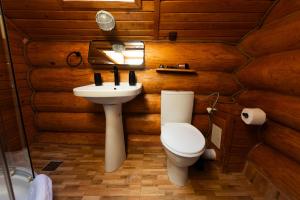 un bagno con servizi igienici e lavandino in una baita di tronchi di Mocearu Retreat  Altre 56 foto