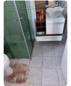 a bathroom with a shower and a toilet and a rug at Lindo Por do Sol, Quarto casal com Banheiro privativo, casa compartilhado in Pato Branco +5 photos