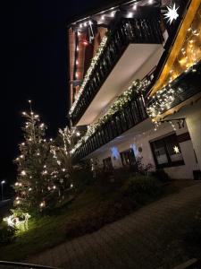 een kerstboom voor een gebouw met verlichting bij Haus Hubertus in Enzklösterle