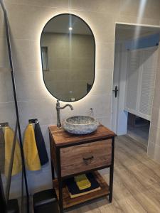 a bathroom with a sink and a mirror on a table at JustB in Riemst