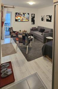un soggiorno con un divano e un tavolo di Anikaapartman, Brzeće a Brzeće
