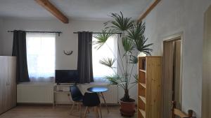 Habitación con escritorio, mesa y ventana. en Penzion Na Slunci, en Jihlava