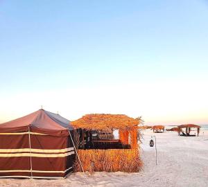 a tent on a beach with the ocean in the background at Beach Moments Camp in Al Qārin