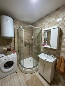 波德戈里察Kropa apartman的带淋浴、盥洗盆和洗衣机的浴室 更多6张照片