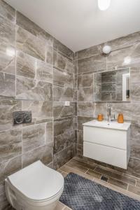 a bathroom with a toilet and a sink at Luxurious 3Bedroom Apartment Emek Refaim Jerusalem in Yerushalayim +22 photos