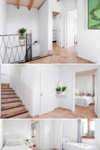 a white room with a staircase and a bedroom at Sa Torreta in Algaida