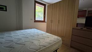 a bedroom with a bed and a window and a television at WHITE ALPS Apartment in Schilpario