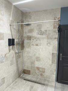 eine Dusche mit Glastür im Badezimmer in der Unterkunft Apocalypse Love Room in Vianne