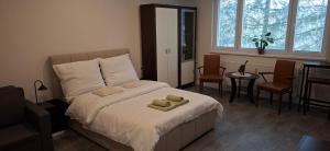 a bedroom with a bed with two towels on it at Stylish 1-bedroom apartment for 3 with balcony, free parking & river views in a quiet area in Prievidza