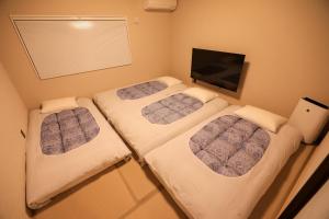 three beds in a small room with a tv at 朱鷺ノ清102 in Odawara