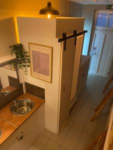 een kleine keuken met een spoelbak en een spiegel bij Urban Capsule in Dresden