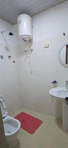 a bathroom with a toilet and a sink and a red rug at Temesegen Hotel in Āksum