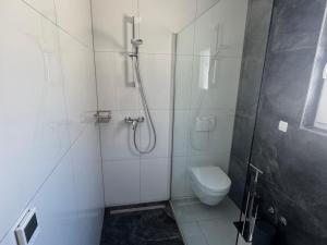 une salle de bain blanche avec douche et toilettes dans l'établissement Villa TEREZA Luxury Sea View Villa for Families & Romantic Getaways, à Sveti Vid-Miholjice 13 autres photos