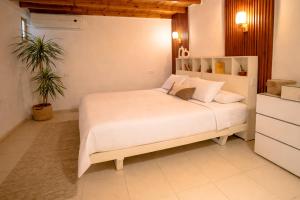 a bedroom with a bed with white sheets and a plant at Umbi Chalet in Dahab