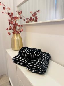 drie zwart-witte kussens op een plank met een vaas bij Pastello & Bianco in Biskupiec