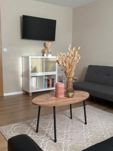 un salon avec une table basse et une télévision dans l'établissement kleines Landhaus am Park, à Klein Uhyst