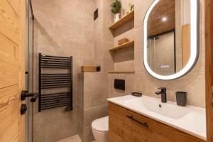 ein Badezimmer mit Waschbecken, Spiegel und Toilette in der Unterkunft Troillet 11 in Méribel + 10 Fotos