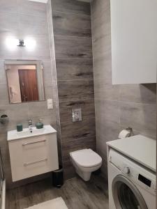 een badkamer met toilet en wastafel en wasmachine bij Apartament LILLA in Jelenia Góra +37 foto's
