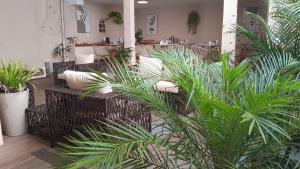 a bunch of plants in a room with tables at Canoa dos Anjos Suites in Arraial do Cabo