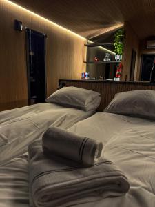 two beds sitting next to each other in a room at Lyngen Aurora Resort in Koppangen +33 photos