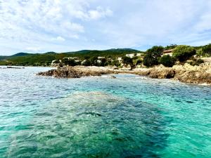 een uitzicht op een waterlichaam met een strand bij Très belle villa avec piscine chauffée CASALEONI in Prunelli-di-Fiumorbo