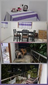 two pictures of a table and chairs and a table and a purple table at Priya Villa Homestay in Jaffna