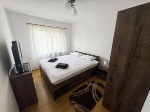 a bedroom with a bed and a television in it at Edge Apartament in Cristuru Secuiesc