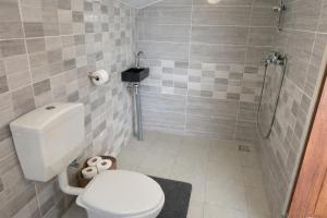 ein Badezimmer mit Toilette und Dusche in der Unterkunft Maison Meredith in Paramaribo + 10 Fotos