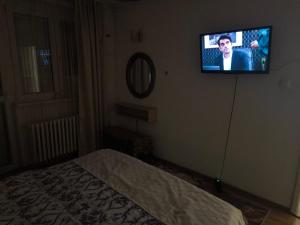 a bedroom with a television on a wall with a bed at Apartman Dacha, Centar Ilidže, Ustanička broj 23 in Sarajevo
