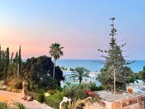 ein Garten mit einem Weihnachtsbaum und dem Meer in der Unterkunft Le Chesterfield Gammarth in Gammarth