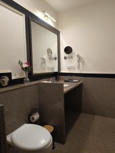 ein Badezimmer mit Toilette, Waschbecken und Spiegel in der Unterkunft Ello Hotels in Bangalore