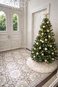 a christmas tree sitting on a rug in a room at Sleephotels Alsterroom in Hamburg