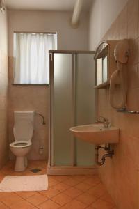 uma casa de banho com um chuveiro, um WC e um lavatório. em Bed and Breakfast Malovec em Divača