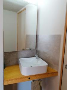 a bathroom with a white sink and a mirror at Casagrande in San José de Malpaso +12 photos