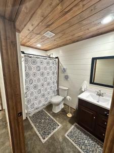 een badkamer met een toilet, een wastafel en een spiegel bij Willow Oak Cottage in Fort Payne