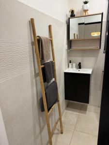 a bathroom with a towel rack next to a sink at Studio t2 in Mornas +12 photos