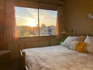 een bed in een slaapkamer met een groot raam bij Terraza CasaOcho in Viña del Mar