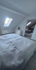 une chambre blanche avec un lit et une lucarne dans l'établissement Guben Wohnungen ruhig, à Guben