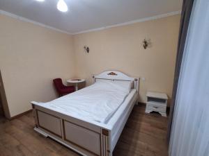 een slaapkamer met een wit bed en een rode stoel bij Галичанка Еліт SPA  +5 foto's