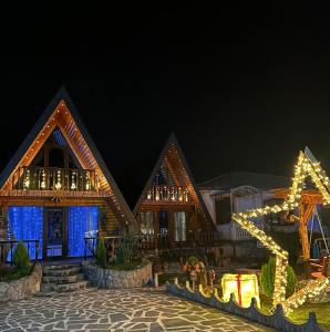 une maison décorée de lumières de Noël la nuit dans l'établissement Sunny Cottage, à Martvili
