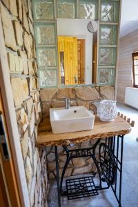 een badkamer met een wastafel en een spiegel bij Jizerská roubenka in Bohdalovice