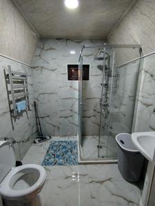 une salle de bains avec douche, toilettes et lavabo dans l'établissement Qusar A-Frame, à Qusar