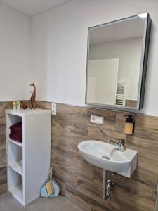 un bagno con lavandino e specchio di Ferienwohnung - ZeitRaum a Gemünden