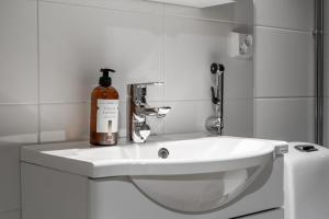 a bottle of soap sitting on top of a bathroom sink at Scandi Forest Flat Across from the Train Station in Rovaniemi +14 photos