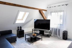 een woonkamer met een zwarte bank en een flatscreen-tv bij Dailes in Dzelmes