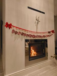 GrzybowoWilla Vivaldi的一个系着红丝带的壁炉和一个壁炉架 更多58张照片