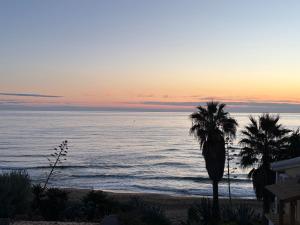 un tramonto sull'oceano con palme sulla spiaggia di Glyfada Menigos Apartment 21 a Glifada (Glyfada) Altre 4 foto