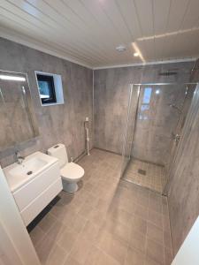 een badkamer met een douche, een toilet en een wastafel bij House with great location in Trysil