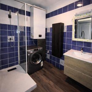 een badkamer met een wasmachine en een wastafel bij Confort & calme à Bruay afin d'explorer le Nord in Bruay-la-Buissiere
