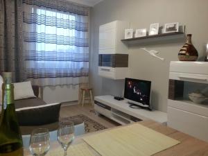 uma sala de estar com um sofá e uma televisão em Apartament w Głogowie em Glogów